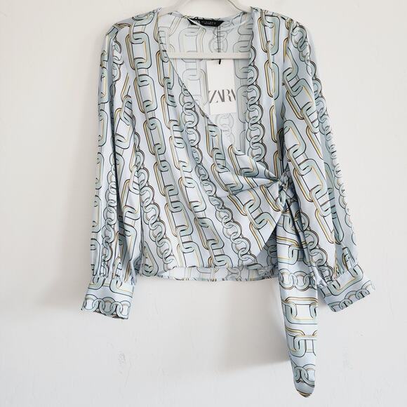 Zara Teal Satin Effect Chain Printed V-Neck Long Sleeve Wrap Top Small - Picture 3 of 8